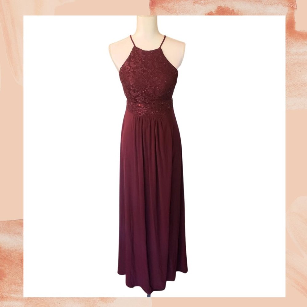 Burgundy Embellished Sequin Formal Prom Dress